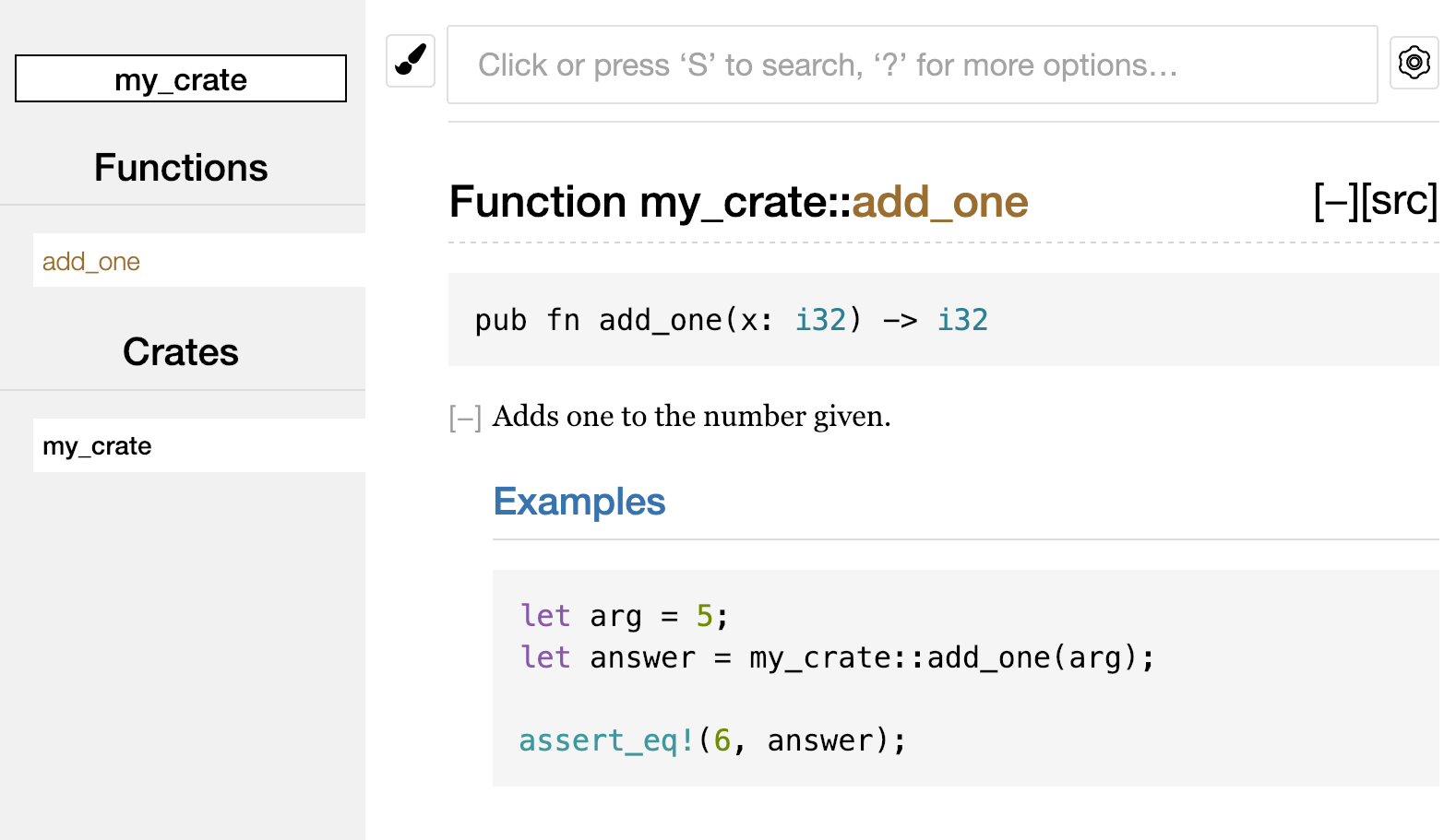 Rendered HTML documentation for the `add_one` function of `my_crate`